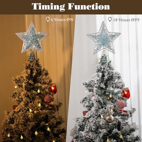 Lewondr Lighted Christmas Star Tree Topper with Remote & Timer, Blue&Silver - Image 3