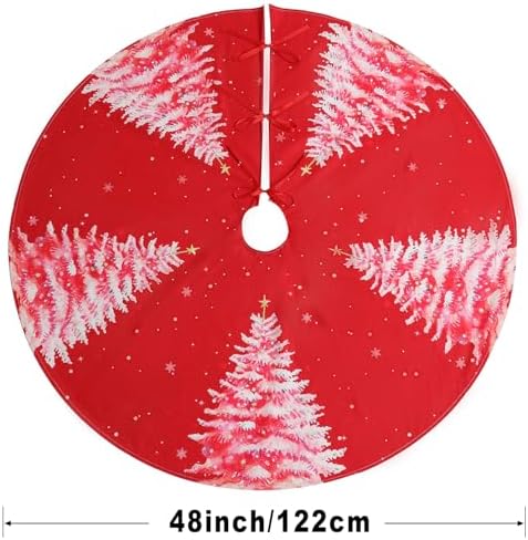 Multiwins Christmas Tree Skirt 48 Inch, Red Christmas Tree Skirt with Christmas Tree Design, Thick Flannel Fabric, Rustic Farmhouse Xmas Tree Skirt for Holiday Decorations, Indoor Christmas Party - Image 5