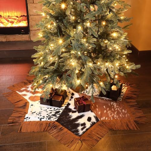 Shappy Western Christmas Tree Skirt 48 Inch Cows Print Tree Skirts Decorations Cowboy Christmas Skirt with Tassel Decorations Mats for Xmas Party Holiday Ornament Home (Stylish) - Image 4
