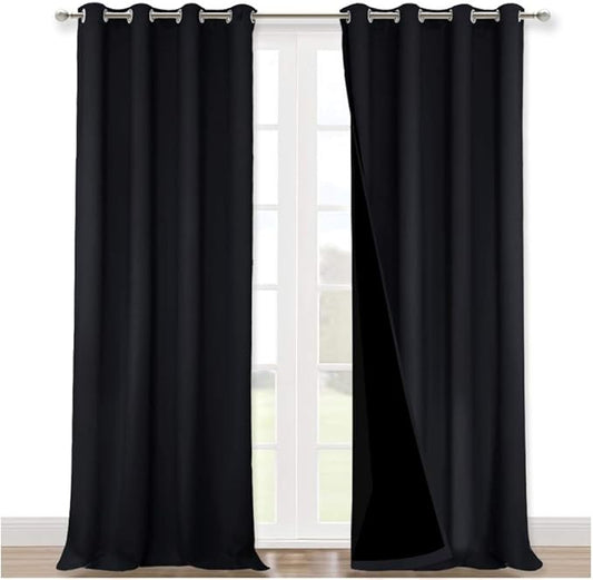 NICETOWN Full Shading Curtains 90 inches Long 2 Panels Set for Windows, Super Heavy-Duty Black Lined Blackout Curtains for Bedroom, Privacy Assured Window Treatment (Black, 52 inches W)