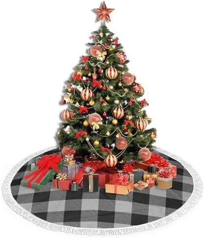 Christmas Tree Skirt 48" Inch Black and White Plaid Buffalo Xmas Tree Skirt Mat with White Tassel for Party Holiday, Tree Skirt Christmas Decorations - Image 4