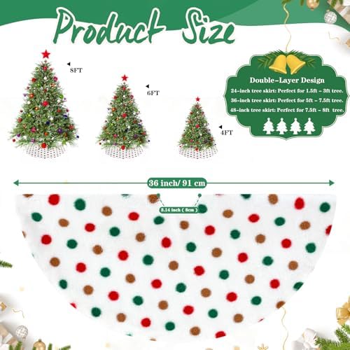 Christmas Tree Skirt 36 Inches White Mat Red and Green Brown Polka Dot Style Tree Skirt for Holiday Party Christmas Decoration - Image 5