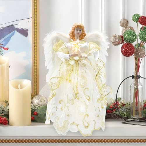 12" Lighted White Angel Christmas Tree Topper with Feather Wings - Image 4