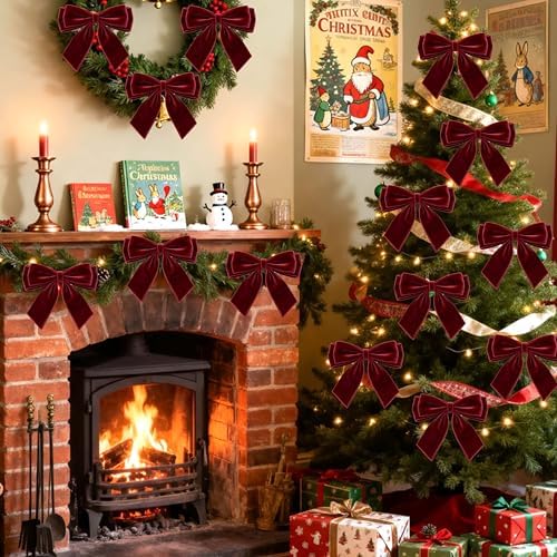 12Pcs Velvet Bows for Christmas Tree, Dark Red Bows Christmas Decorations with Twist Tie, Bulk Burgundy Velvet Ornaments for Wreath Garland Gift Wrapping Wedding Champagne Parties Decor, 6*6in - Image 2