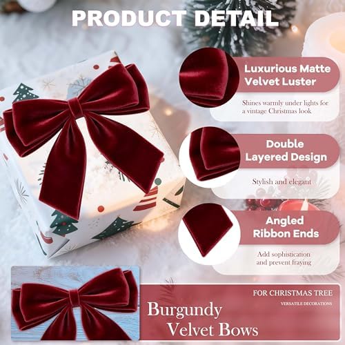12Pcs Velvet Bows for Christmas Tree, Dark Red Bows Christmas Decorations with Twist Tie, Bulk Burgundy Velvet Ornaments for Wreath Garland Gift Wrapping Wedding Champagne Parties Decor, 6*6in - Image 4
