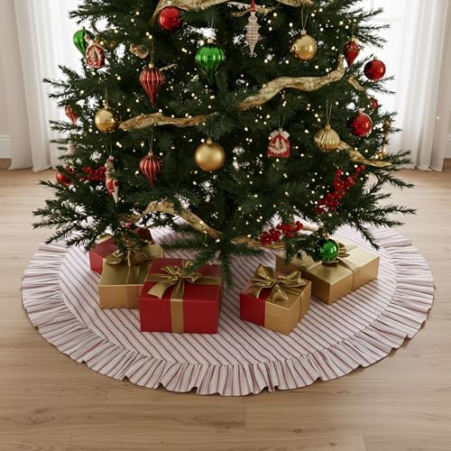 Sosation 48 Inch Vintage Christmas Tree Skirt Red White Striped - Image 6