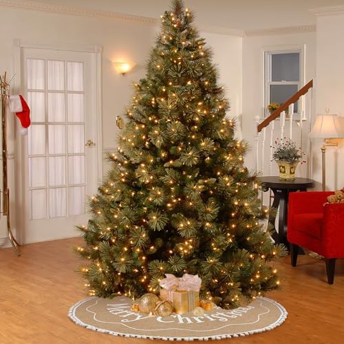 AerWo Burlap Christmas Tree Skirt, 60 Inches, Printed with White Snowflake and Merry Christmas Letter, Xmas Tree Decor for Indoor/Outdoor - Image 6