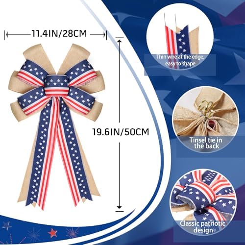 2 Pcs 4th of July Decor Bow for Wreath,Red White Blue Stripe Stars and Burlap Tree Topper Bows for Patriotic,Independence Day,Memorial Day,Veteran's Day,Outdoor Decorations - Image 2