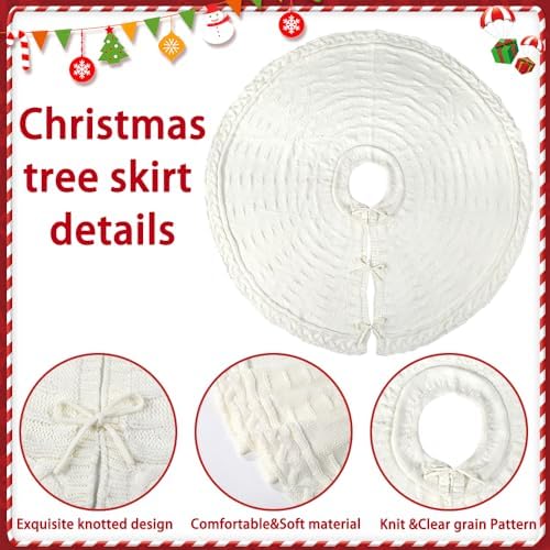 YUJUN 36 inches Christmas Knitted Tree Skirt Decorations Xmas Large White Chunky Cable Farmhouse Thick Rustic Tree Skirt for Merry Christmas Tree Holiday Home Party Decoration - Image 3