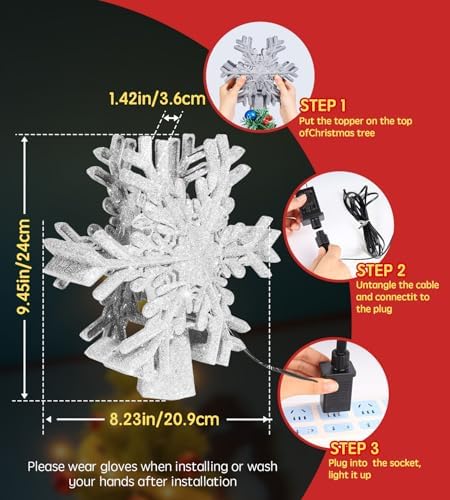 Christmas Tree Topper Lighted Decorations, Built-in Led 360° Rotating Projector Lights, Silver Spangles Plug in for Indoor Home Xmas New Year Party Holiday Night Tree Decor - Image 6