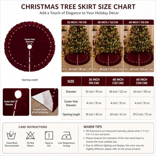 Wine Red Velvet Christmas Tree Skirt, 36 Inch Christmas Tree Skirt with Ruffled Edge and Pearl Trim - Image 5