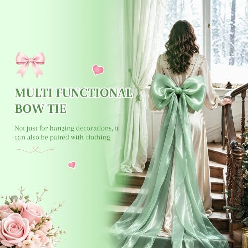 Big Satin Bow Coquette Room Decor, 16x79 Inch Large Christmas Bows for Birthday Decorations, Christmas Tree Topper, Girl Room Decor, Bachelorette, Wedding, Baby Shower, Front Door, Wreath (Green) - Image 6