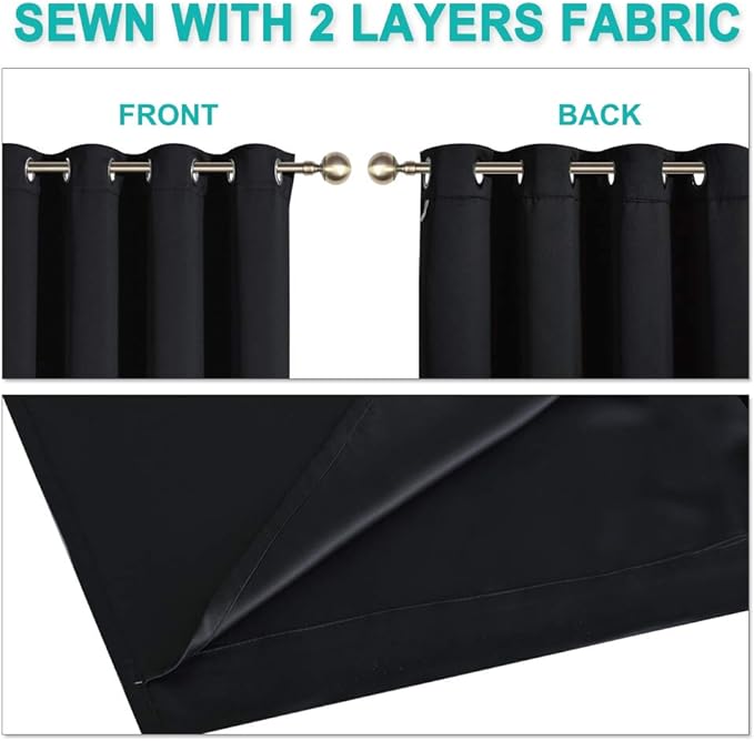 NICETOWN Full Shading Curtains 90 inches Long 2 Panels Set for Windows, Super Heavy-Duty Black Lined Blackout Curtains for Bedroom, Privacy Assured Window Treatment (Black, 52 inches W)