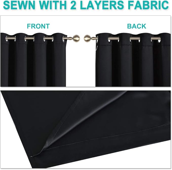 NICETOWN Black 100% Blackout Curtains 45 inches Length, 2 Thick Layers Completely Blackout Window Treatment Thermal Insulated Lined Drapes for Basement Window (1 Pair, 42 inches Width Each Panel)