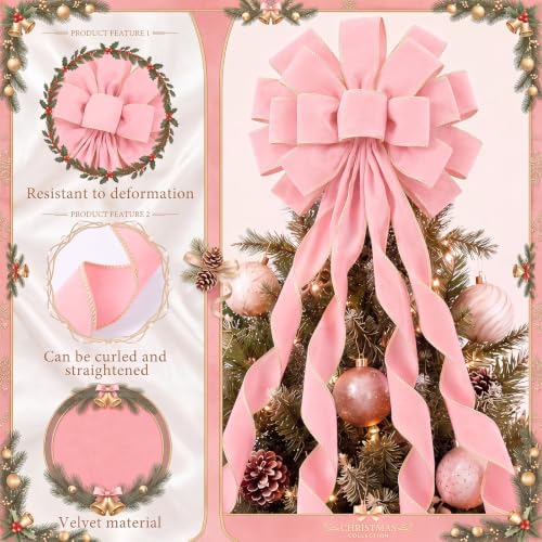 Ceenna Christmas Tree Topper Bow 52 x 12 Inch, Pink Large Velvet Bow - Image 4