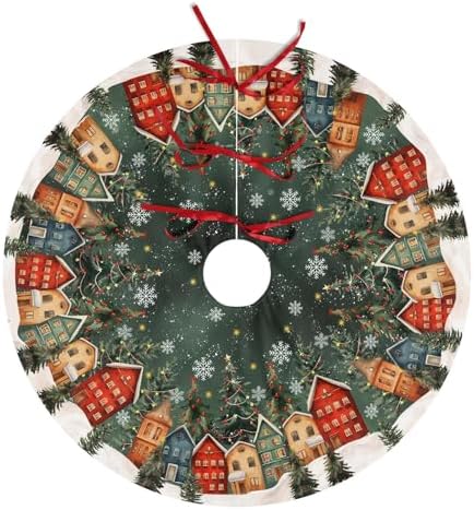 Dark Green Vintage Christmas Tree Skirt Winter 30 Inch Pine Tree Wonderland Forest Village Town House Snowflake Trees Skirts Mat for Xmas Holiday Ornament Rustic Farmhouse Decoration by Wnoesat