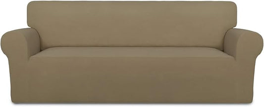 PureFit Super Stretch Sofa Slipcover – Spandex Non Slip Soft Couch Sofa Cover, Washable Furniture Protector with Non Skid Foam and Elastic Bottom for Kids, Pets （Sofa, Tan）
