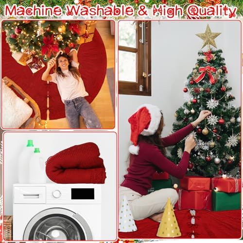 84 Inch Christmas Tree Skirt Extra Large Red Chunky Merry Christmas Knitted Tree Skirt Vintage Giant Claret Braided Cable Knit Rustic Farmhouse Xmas Ornaments for Home Holiday Winter Party Decoration - Image 6