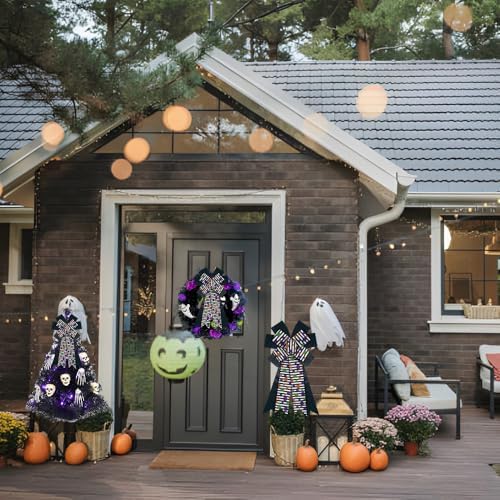 Large Halloween Tree Topper Bow, Black Stripe Glitter Dot Wreath Bow - Image 4