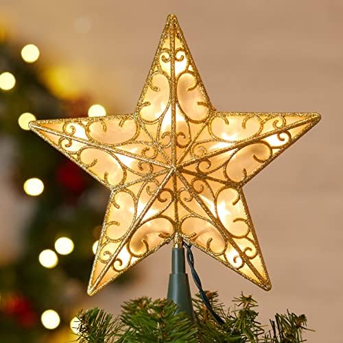 Christmas Star Tree Topper, 9.5 in Plug in Golden Glittered 3D Star Tree Topper, Metal Hollow Designed Built-in 10 Bulbs String Lights for Indoor Office Christmas New Year Holiday Tree Decoration by Brightown