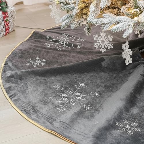Gray Velvet Tree Skirt 48 Inch, Gold Snowflake Rhinestone by Vertintong