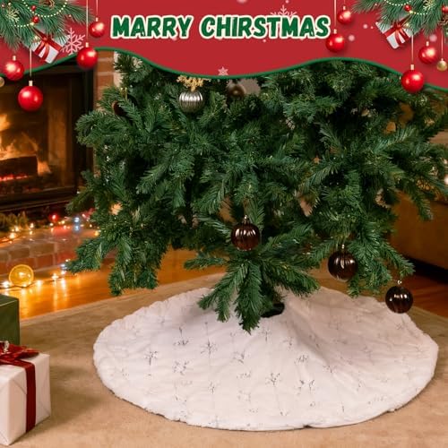 Christmas Tree Skirt White, 36 Inch Large Soft Plush Xmas Tree Skirts, Double Layer Luxury Tree Skirt w/Silver Snowflake Sequin, Christmas Trees Decoration for Holiday Party Indoor Party Home Decor - Image 2