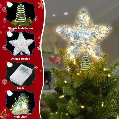 LAWOHO Christmas Tree Topper Star, Exquisite Christmas Decor, 10 Inch Shiny Iridescent Christmas Tree Decoration with 6H Timer, 20 Warm LED Lights for Xmas Tree, Holiday & Party, Indoor Decor - Image 2