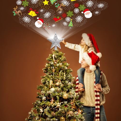 Wninbu Christmas Tree Topper Star Lighted with 6 Projection Modes,Christmas Star Tree Topper Projector Built-in LED Rotating Lights,3D Glitter Dynamic Projector Party Christmas Decorations (Silver) - Image 5