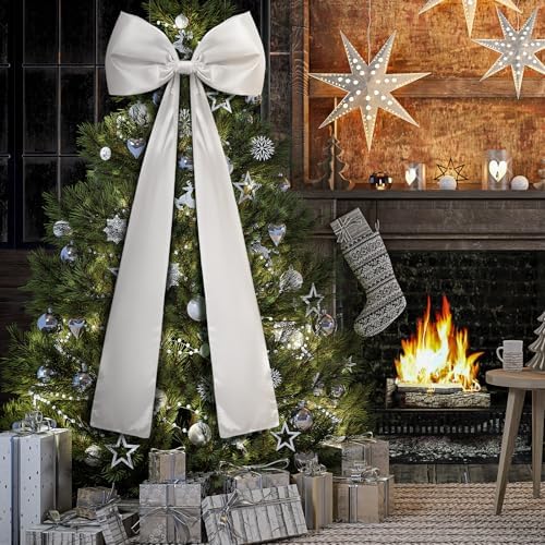 Daifunli 20 x 47 Inches Giant Satin Bow Christmas Tree Topper,White - Image 3