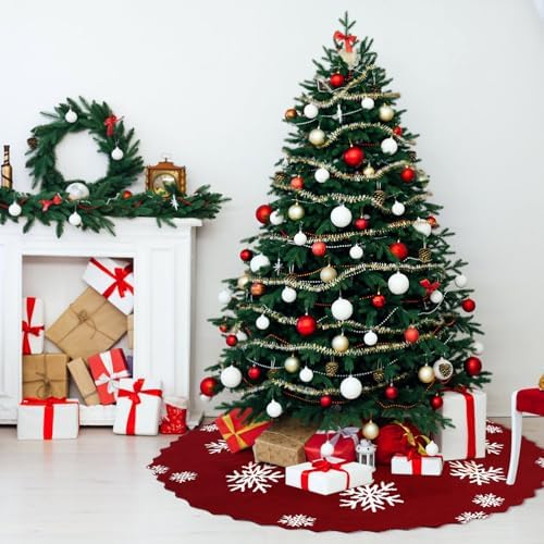 Christmas Tree Skirt, Snowflakes Xmas Tree Skirt, 48 inch Red Cable Knit Knitted Thick Farmhouse Rustic Christmas Tree Skirts Xmas Holiday Decoration (48in) - Image 5