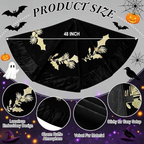 48 Inches Velvet Halloween Tree Skirt Black Luxury Xmas Gold Fur Plush Skirts with Gold Embroidered Holly for Halloween Merry Christmas Party Rustic Vintage Holiday Home Winter Decorations - Image 2