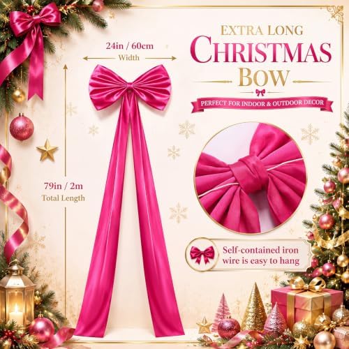 Daifunli 24 x 79 Inches Giant Satin Bow Christmas Tree Topper,Rose Red - Image 2