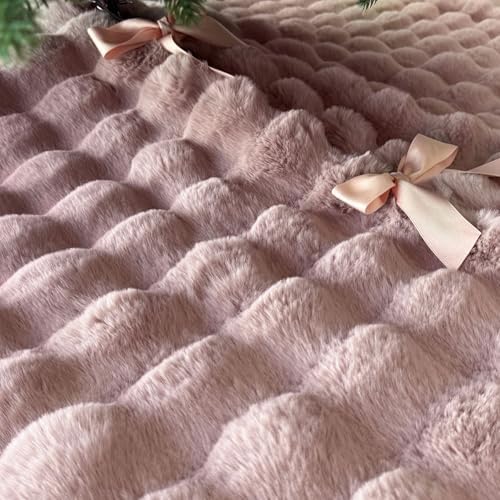 60-Inch Puff Quilt Faux Fur Christmas Tree Skirt, Soft Plush Tufted Texture with Satin Ribbon Ties, Baby Pink - Image 4