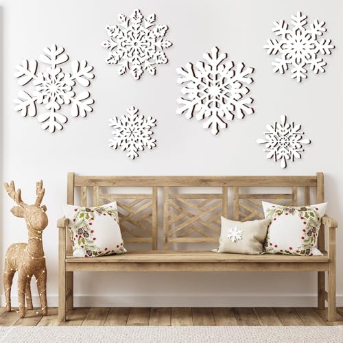 Whaline 6 Pcs Christmas Snowflake Wooden Wall Decor White Snowflake Shaped Wood Wall Art Sign with Hook for Home Farmhouse Xmas Winter Hanging Ornament - Image 6