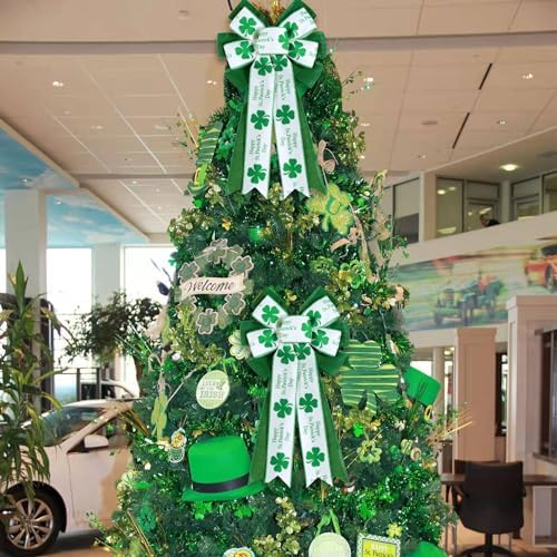 2 Pcs St Patricks Day Bows for Wreath Outdoor Decorations,St Patricks Day Tree Topper Bows,Large White Green Burlap Shamrock Bowknot Irish Holiday Crafts Bows for Front Door Decor - Image 6