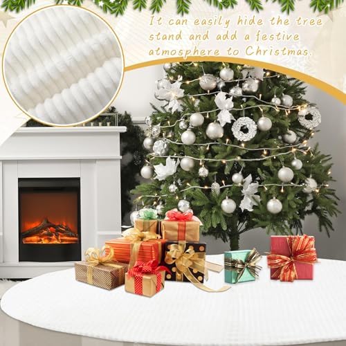 84 Inch Large Faux Fur White Christmas Tree Skirt for 8.5ft to 15ft Tree with Stripe Textured Pattern Soft Beige Boho Luxury Xmas Trees Decorations for Party Home Decor - Image 6