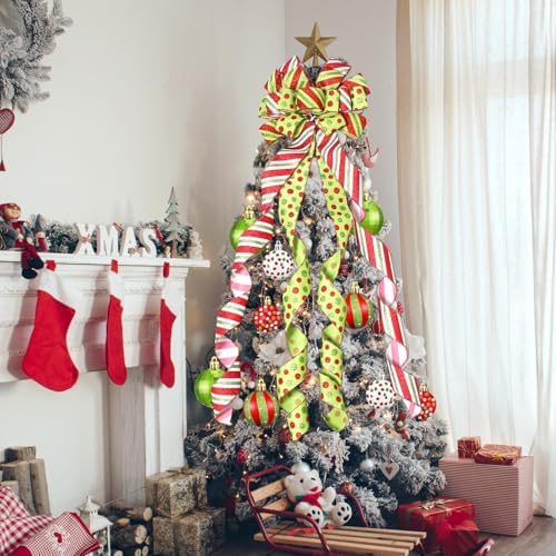 Christmas Tree Topper Wreath Bow Large Green Christmas Bow Tree Topper with Red Green Dot Patterned Gift Bows for Xmas Ornament Holiday Home Thanksgiving Indoor/Outdoor Decoration 52"x13" - Image 6