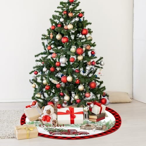 Blosssound Christmas Tree Skirt Buffalo Plaid Retro Red Truck Xmas Tree Skirt for Winter Holiday Farmhouse Christmas Party Decoration (48 Inch,Truck,Red Black) - Image 6