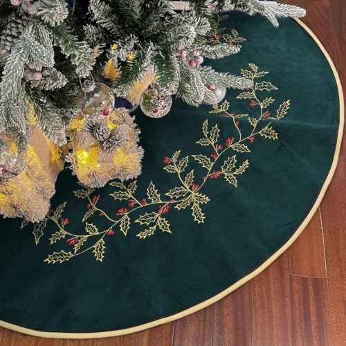 Green Christmas Tree Skirt Velvet 60 inch，Large Embroidered Vintage Dark Green Tree Skirt, Elegant Fur Plush Xmas Tree Skirts for Merry Christmas Party Xmas Tree Decorations by Scritism