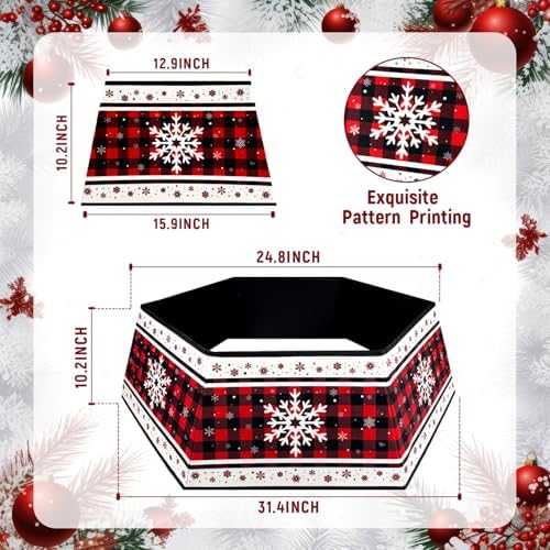 Christmas Tree Collar, Red Christmas Tree Collar, Buffalo Plaid Christmas Trees Skirt, Square Christmas Trees Ring, Foldable Hexagon Xmas Tree Skirt, Snowflake Decor for Holiday Party Home, 31 inch - Image 2