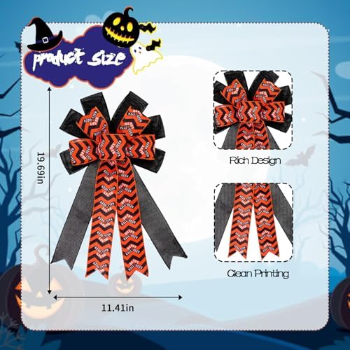 Large Halloween Tree Topper Bow, Orange Black Chevron Wreath Bow - Image 2