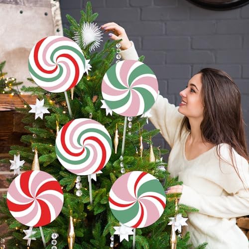 12Pcs Large Candy Christmas Tree Decorations Peppermint Lollipop Christmas Picks for Tree, 7.87" Pink and Red Candy Ornaments, Plastic Candyland Tree Topper for Xmas Holiday Party Vase Decor - Image 2