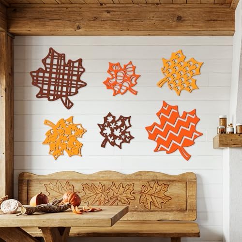 Whaline 6 Pcs Fall Wooden Wall Decor Orange Yellow Brown Hollow Maple Leaf Shaped Wood Wall Art Sign with Hook for Home Farmhouse Thanksgiving Hanging Ornament - Image 5