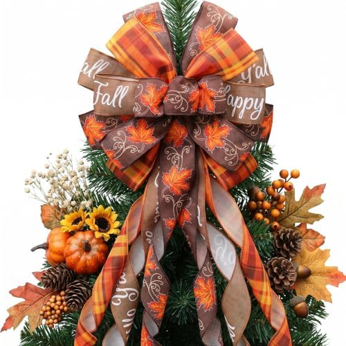 Large Fall Tree Topper Bow 52"x13", Pre-Tied Thanksgiving Ribbon for Wreath by Montekin