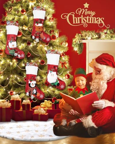 COOLWUFAN 48 Inches Faux Fur Christmas Tree Skirt for Xmas Tree Holiday Party Decoration White Plush Gold Sequin Snowflake (Gold) - Image 2