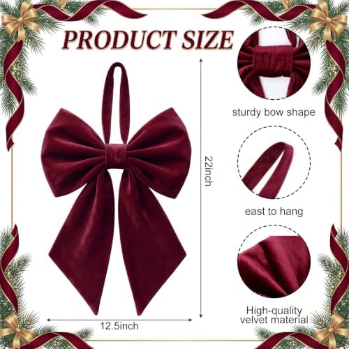 Janinka Burgundy Red Christmas Tree Topper Bow 22" Big,Velvet - Image 3