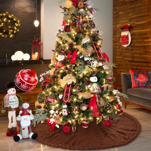 YUJUN 48 Inches Christmas Knitted Tree Skirt Decorations Xmas Large Vintage Brown Chunky Cable Farmhouse Thick Rustic Tree Skirt for Merry Christmas Tree Holiday Home Party Decoration - Image 5