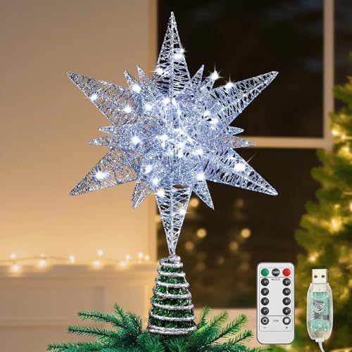 Lewondr Christmas Star Tree Topper, 14.6" Lighted Glitter 3D Star Treetop by Lewondr