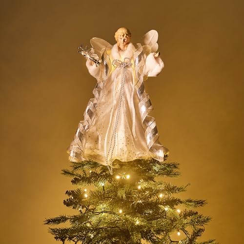 Valery Madelyn Lighted Christmas Tree Topper Angel with Timer, 16 Inch White and Silver Fabric Angel Tree Topper with Lights for Christmas Tree Decoration Indoor, Battery Operated, Valentines Gift - Image 2