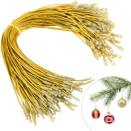 Christmas Ornament Hangers String, 100 Pcs PreCut Ornament Hook for Christmas Trees, Ornament String Gold, Safe Ornament Ribbon Hangers for Xmas Holiday Party Hanging Decorations with Snap Fastener by STPIYFZU
